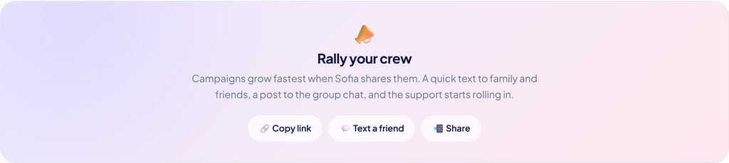 The Rally your crew section with copy-link, text a friend, and share options