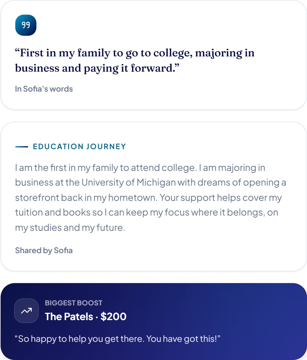 The story column: a short quote in the student own words, a longer education-journey write-up, and an automatic biggest-boost highlight card