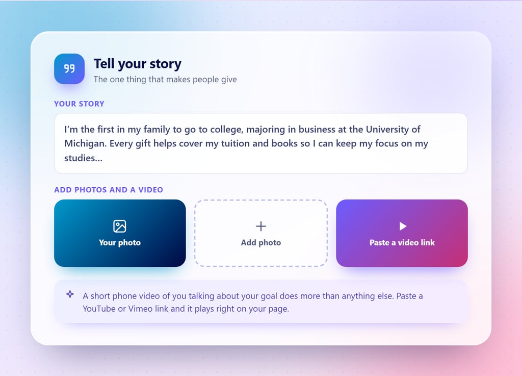 The story tool with a text box for your story and tiles to add a photo and paste a video link
